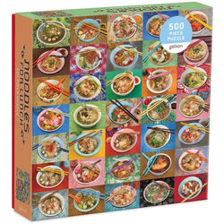 The box of a 500 piece puzzle. It has pictures of different noddle dishes with chopsticks.