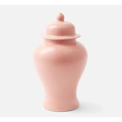 On a white background, a pink ginger jar sits in the middle with a same color lid.