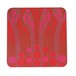 Pot stand with grey background and pink and red abstract waterfall pattern. 
