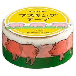 Tape with illustrations of a pink pig on a green field and white background.