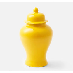 On a white background, a big yellow ginger jar sits in the middle with a same color lid.